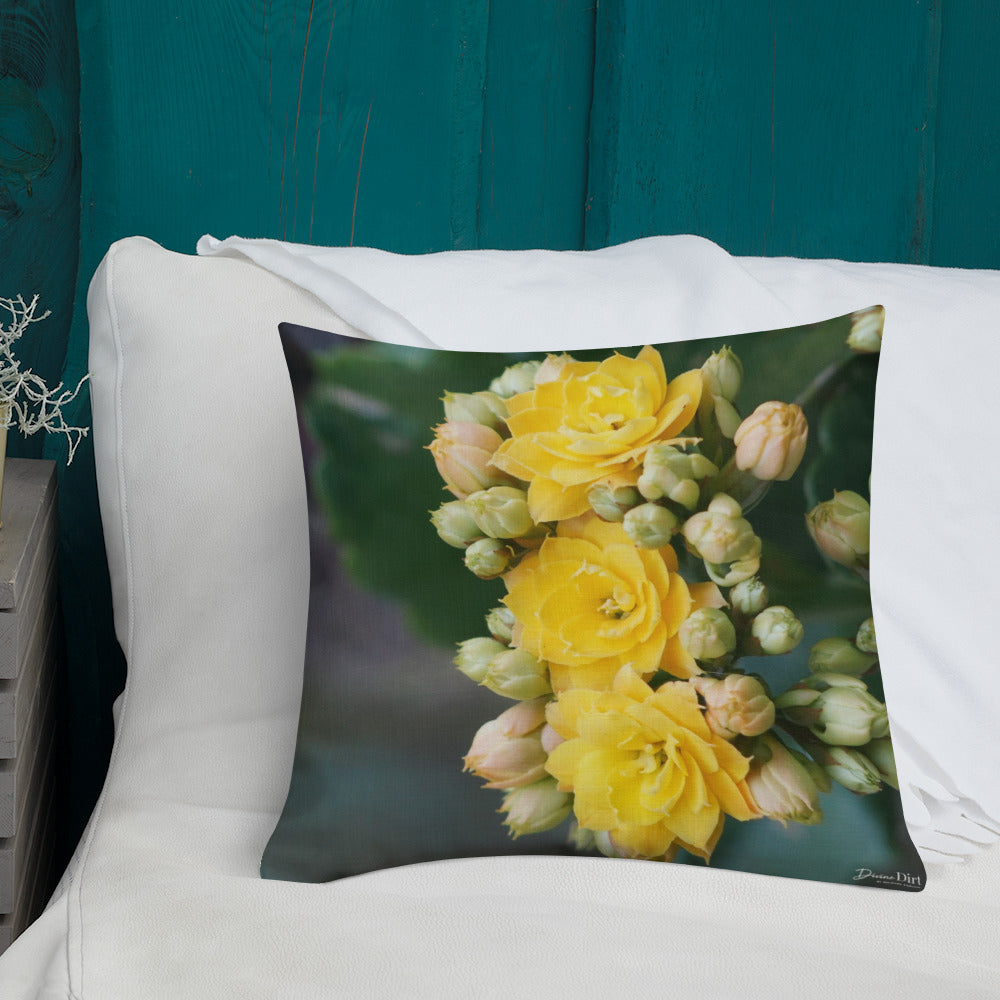 Yellow Kalanchoe Premium Pillow-Teal Back