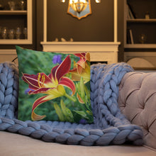 Load image into Gallery viewer, Burnt Orange Day Lilies Premium Pillow with Yellow/Gold Back
