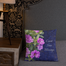 Load image into Gallery viewer, Purple Petunias Premium Pillow &#39;Count Your Blessings&#39;
