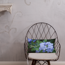 Load image into Gallery viewer, Blue Plumbago Premium Pillow &#39;Grateful&#39; with White Back
