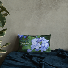 Load image into Gallery viewer, Blue Plumbago Premium Pillow &#39;Grateful&#39; with dark blue back

