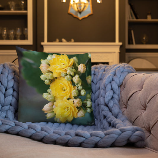 Yellow Kalanchoe Premium Pillow-Teal Back