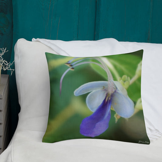 Blue Butterfly Bush Clerodendrum Premium Pillow with Green Back