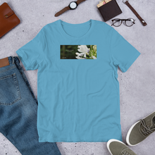 Load image into Gallery viewer, Agapanthus-Indigo Frost.   “Immerse yourself in silence”.   Short-Sleeve Unisex T-Shirt
